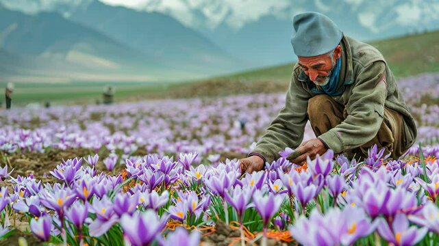 Elderly farmer delicately harvests vibrant purple saffron blossoms across scenic mountain field during precious spice season