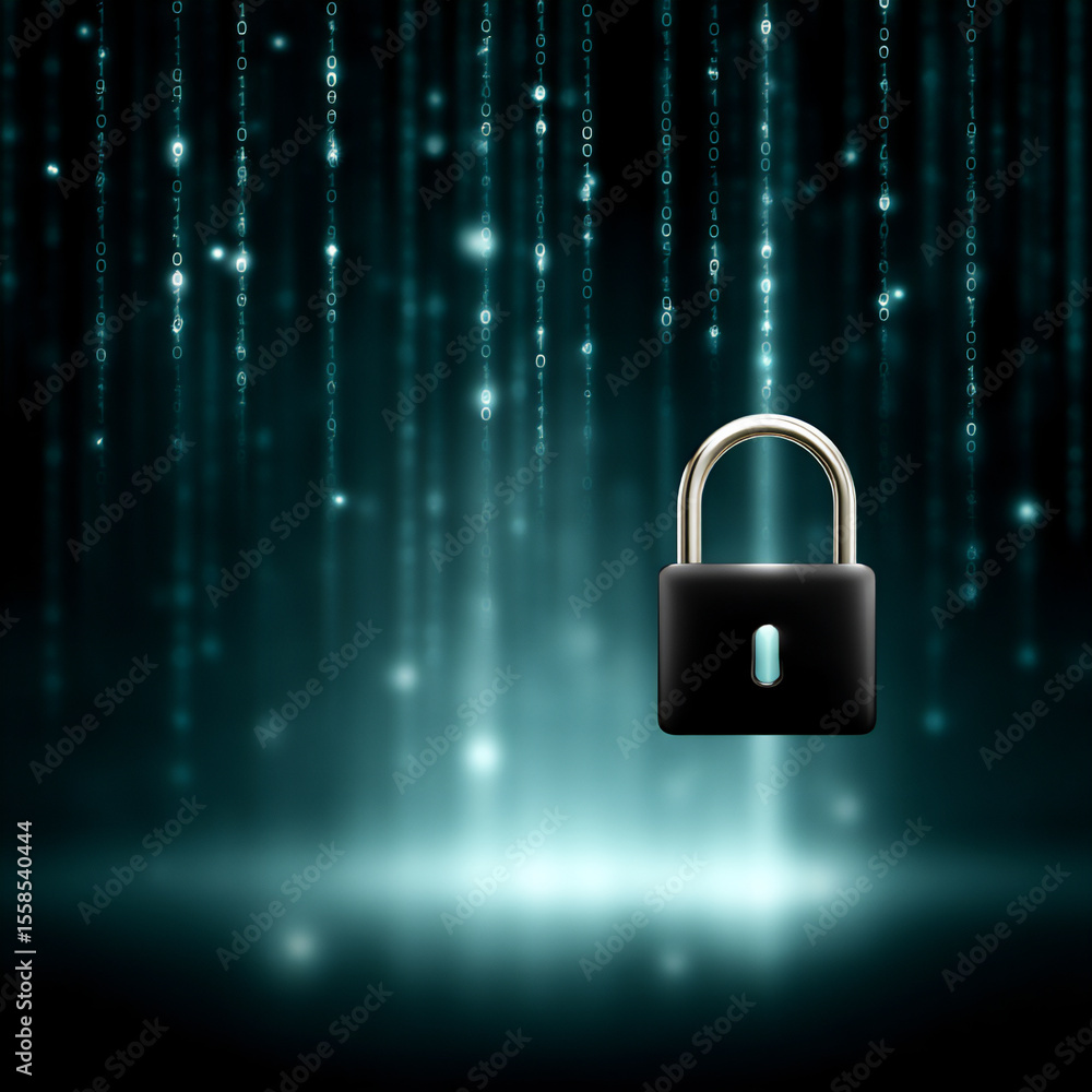 Poster abstract cybersecurity lock shield binary.