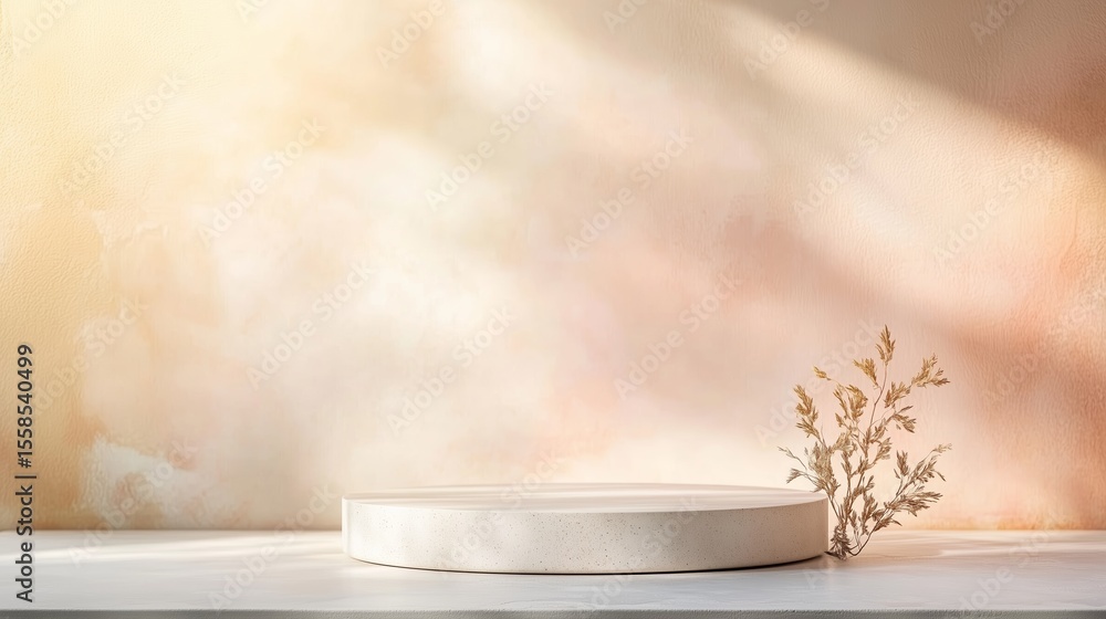 Poster elegant display with a round platform and a delicate plant against a soft, neutral background in war