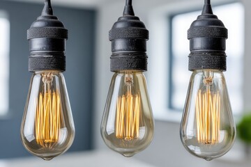 Three vintage-style Edison bulbs hanging, warm glow