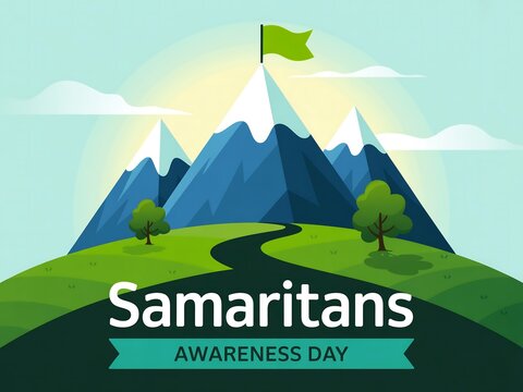 Illustration of mountains with a green flag on top for samaritans awareness day