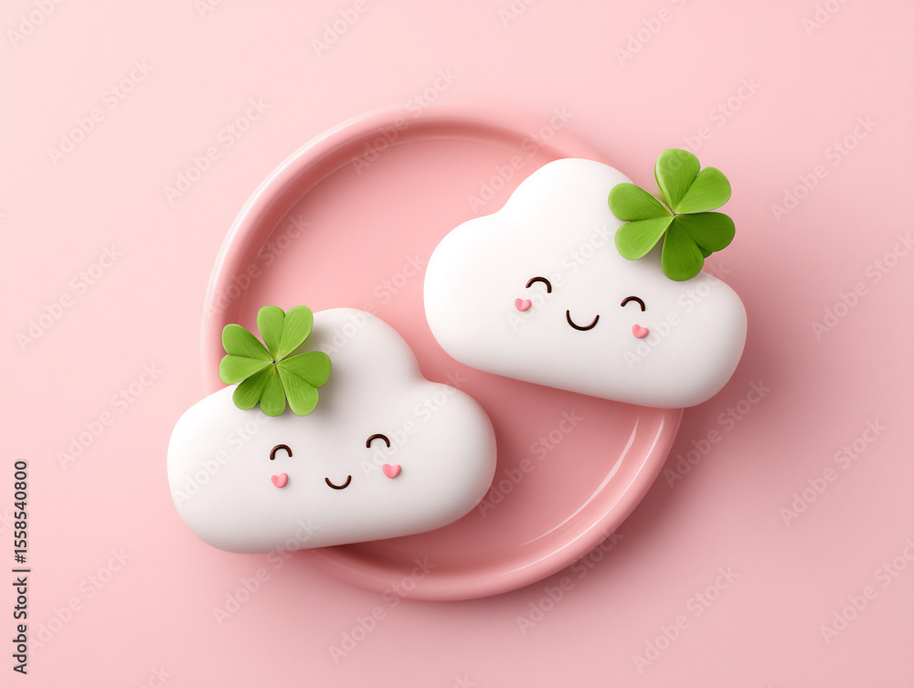 Poster adorable smiling clouds holding objects seamless.