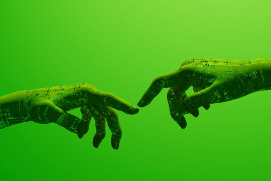 AI robot hands on a vibrant green background