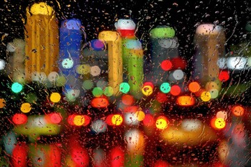 Rain-streaked city lights through a wet window. Blurry city lights in a mix of warm and cool colors,  visible through a window covered in raindrops