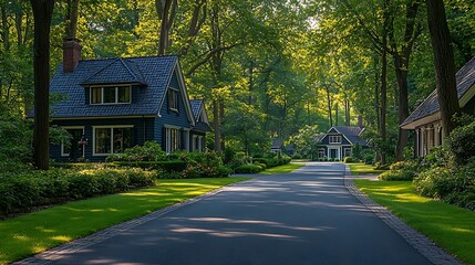 Serene suburban street lined with charming houses amidst lush green trees and sunlight filtering through