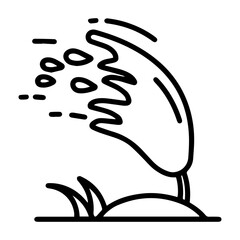 Outline style image depicts the forceful impact of extreme wind on a tree, with debris and rain blown by the gusts, emphasizing the severity. Related to natural disasters, weather warnings, climate