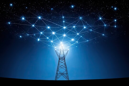 Power lines connected to starry night sky