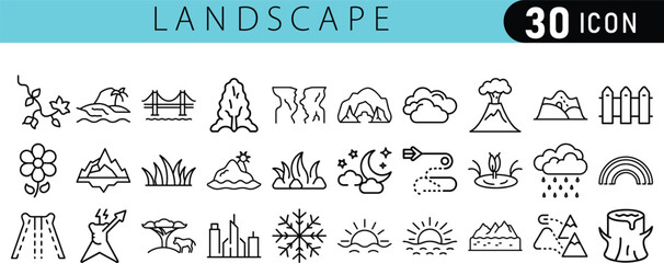 Vector art of a set of 30 landscape icons, featuring various natural elements and landmarks