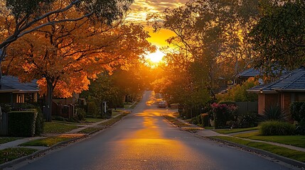 Fototapeta premium Serene suburban street at sunset with vibrant autumn foliage and tranquil atmosphere (1)
