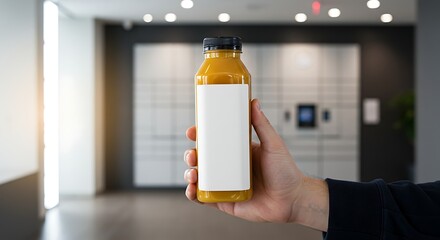 Hand holding juice bottle with blank label, ready for your own branding design