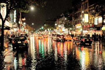 Night street scene, rain-slicked road, city lights reflecting in puddles