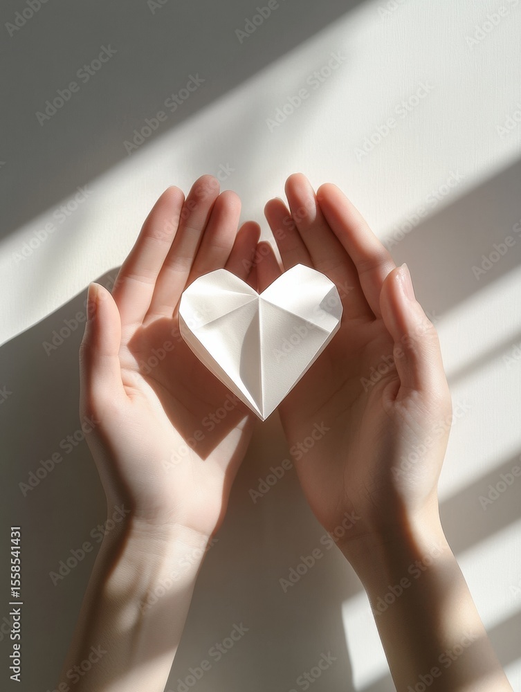 Poster folded paper heart held gently between two hands creating a delicate visual in soft shadows during d