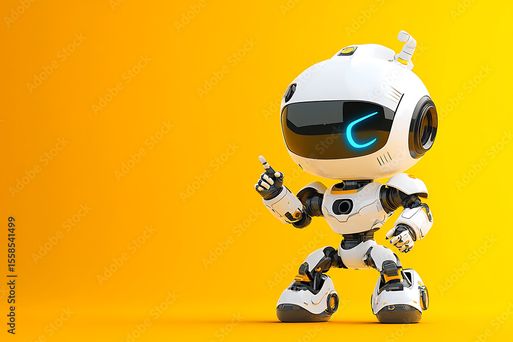 Poster friendly robot character with a playful gesture against a vibrant yellow backdrop, ideal for tech th