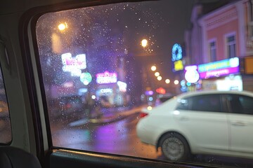 Night city view through a car window, rain