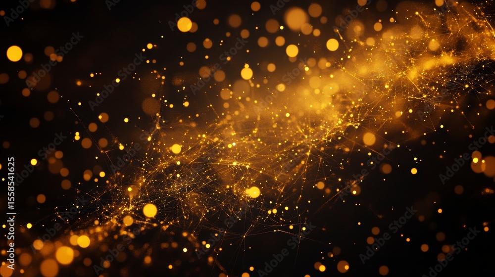 Poster abstract golden particles and bokeh lights on a dark background, creating a luminous and energetic d