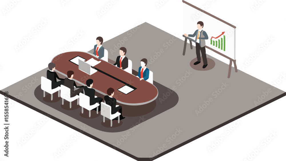 Aufkleber isometric view of a business presentation with people around a table and a presenter at a whiteboard