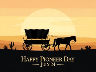 Silhouette of horse pulling wagon under sun for happy pioneer day celebration art