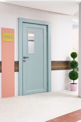 Closed door to the patient room. Hospital interior. New clinic design. Hospital environment. Empty clinic corridor. Emergency hospital indoor. Medical industry building.