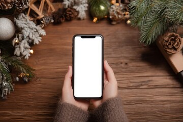 Hands hold mobile with blank screen over festive holiday ornaments and pine branches on a rustic wood backdrop