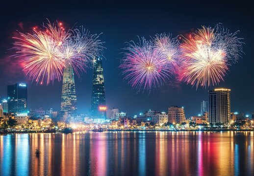 Night cityscape with bright fireworks over water, reflecting lights