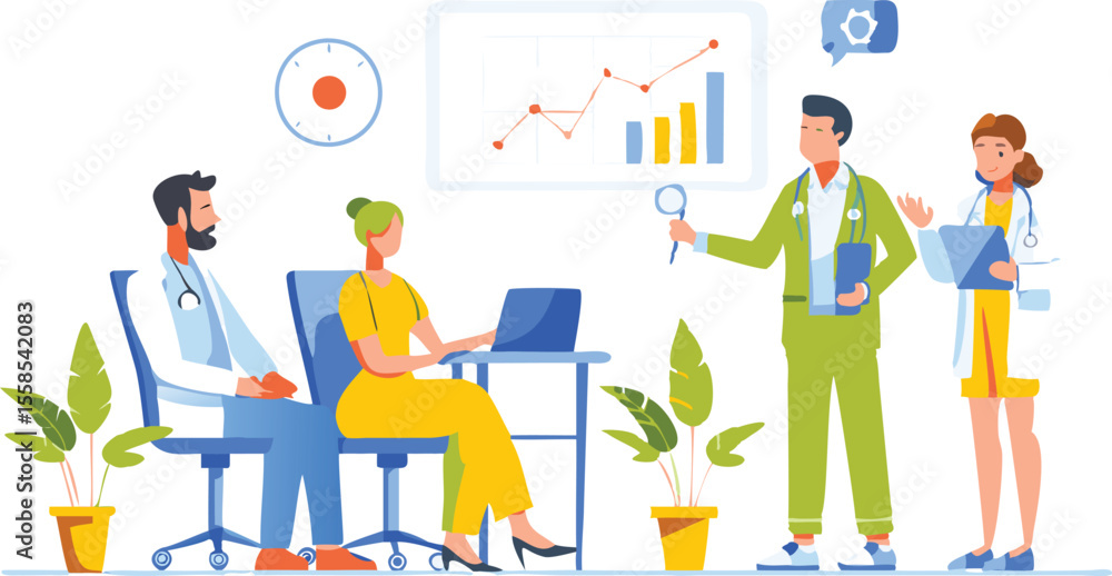 Aufkleber doctors in a meeting discussing data with a chart and laptop in a bright and modern office setting