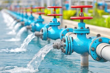 Rows of blue water pipes with red valve handles, water flowing