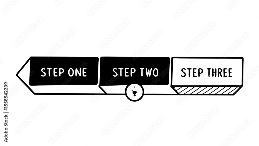 Poster illustration showing a process flow diagram with steps one two and three in black and white design c