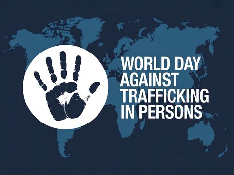 World day against trafficking in persons with hand print and world map illustration