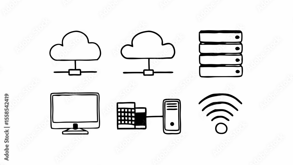 Fototapete Doodle style illustration of cloud computing network with computer server wifi and other devices shown created with generated ai