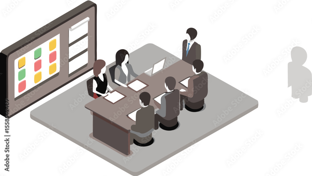 Poster isometric view of a conference room with people around a table and a large display screen shown