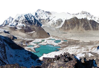 Mount Cho Oyu and Cho Oyu base camp with lakes isolated