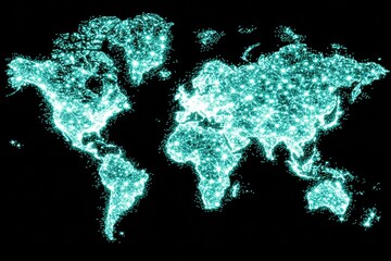 Global map, light teal dots.  World map outlined by many small, glowing teal dots against a dark background