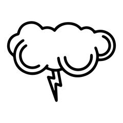 Outline style image depicts a storm cloud with a lightning bolt, denoting thunder and an impending thunderstorm. Related to weather forecasts, storm warnings, electrical hazards, powerful events