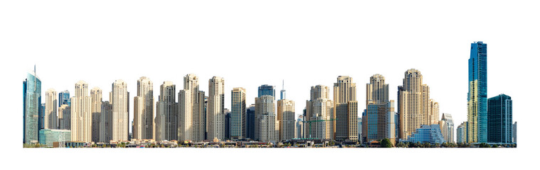 Urban skyscrapers lined up in a modern cityscape. Isolated skyline