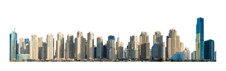 Urban skyscrapers lined up in a modern cityscape. Isolated skyline