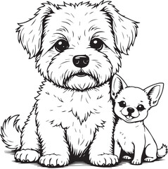 Cute dog couple: A touching illustration of two adorable dogs, a fluffy companion and a small chihuahua. Their close embrace exudes warmth and highlights the beauty of friendship.