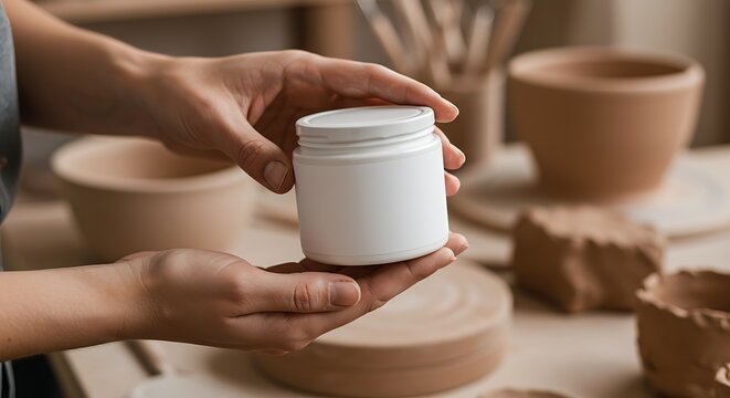 Hands holding a white container in a pottery studio, highlighting craft and creativity