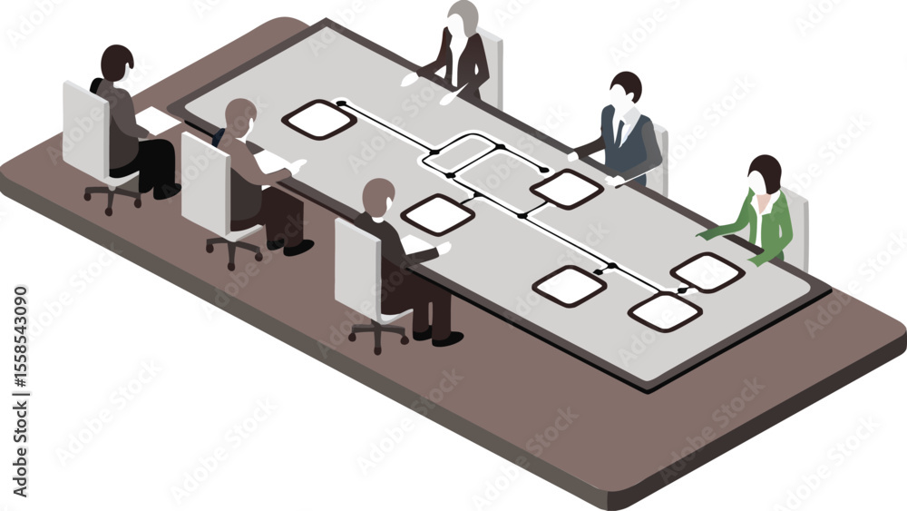 Aufkleber isometric view of a conference table with six people and a flowchart on a smartphone screen layout