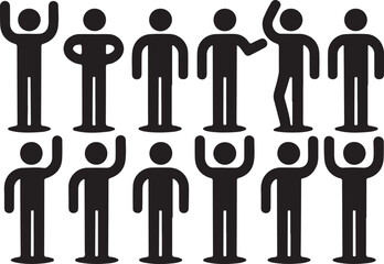 Man standing set, stick figure human. Vector illustration, pictogram of different human poses on white