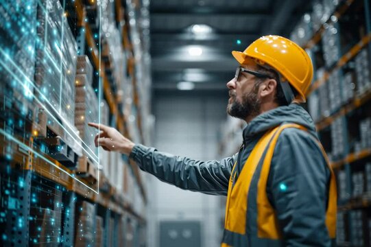 Warehouse worker using digital interface technology innovation distribution logistics - Powered by Adobe