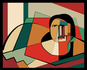 Engaging geometric shapes and bold colors combine to form an abstract portrait. The composition uses intersecting lines and varied hues to create depth and movement.