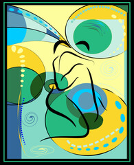 A series of abstract shapes and lines in shades of green, blue, and yellow form a dynamic and energetic composition.
