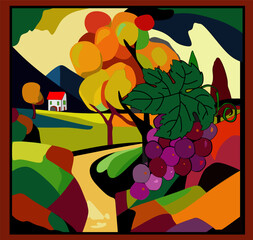 A  landscape features rolling hills, a cluster of grapevines, and a quaint house with a red roof in the distance.  colorful shapes and a playful use of color give the scene a lively and abstract feel.