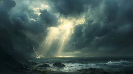 Dramatic coastal scene with sun rays breaking through dark clouds over ocean waves and rocky shore.