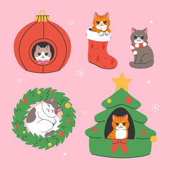Set of cute cats in Christmas mood. Vector graphics.