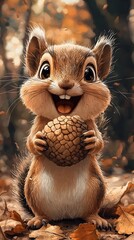Obraz premium Cheerful squirrel holding an oversized acorn