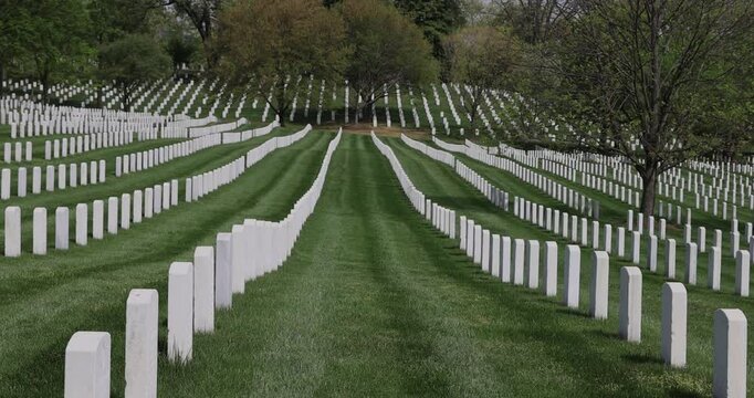 Arlington National Veteran Cemetery Washington DC headstones pan. Solemn and hallowed final resting place for members of U.S. armed forces, including veterans. More then 400,000 individual graves.