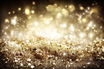 Golden glitter sparkles on dark background