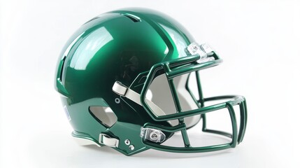 Naklejka premium Glossy green football helmet with white facemask, isolated on white background.