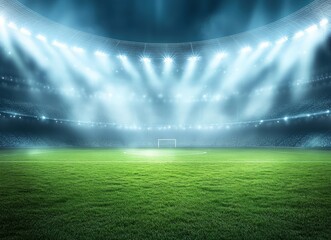 Large, lit stadium with green field, a goal, and bright overhead lights